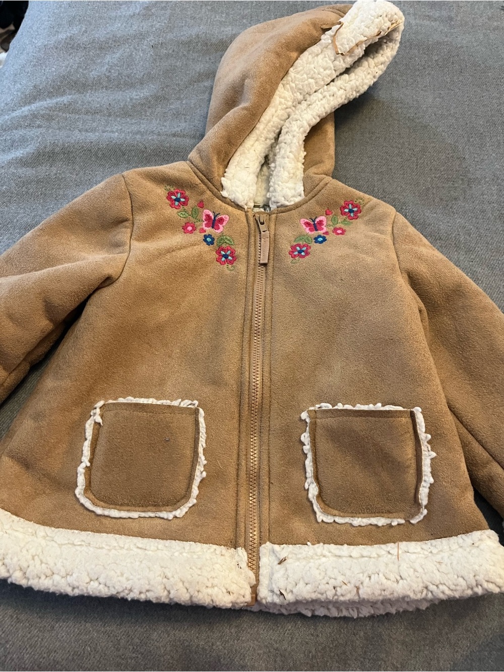 Little Me Tan Sherpa-Lined Hooded Coat with Floral Embroidery